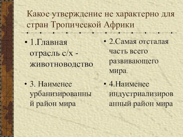 Какое утверждение не характерно для стран Тропической Африки 1.Главная отрасль