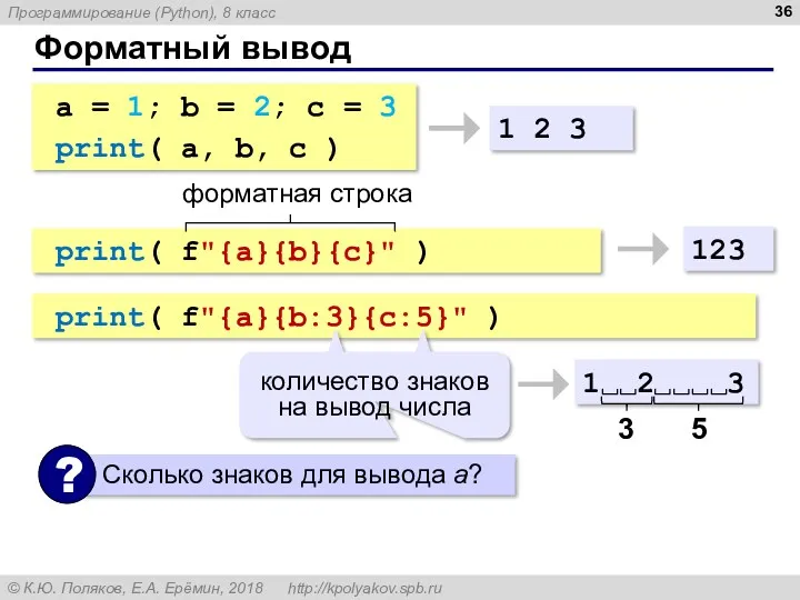 Форматный вывод a = 1; b = 2; c =