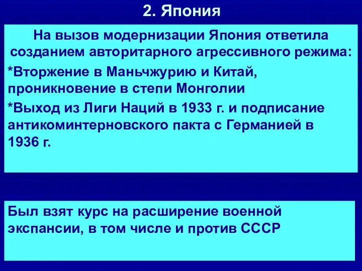 2. Япония На вызов модернизации Япония ответила созданием авторитарного агрессивного