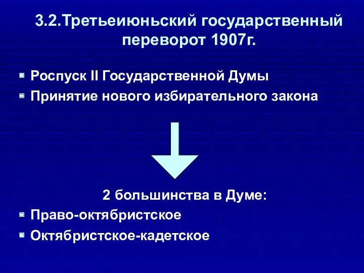 3.2.Третьеиюньский государственный переворот 1907г. Роспуск II Государственной Думы Принятие нового