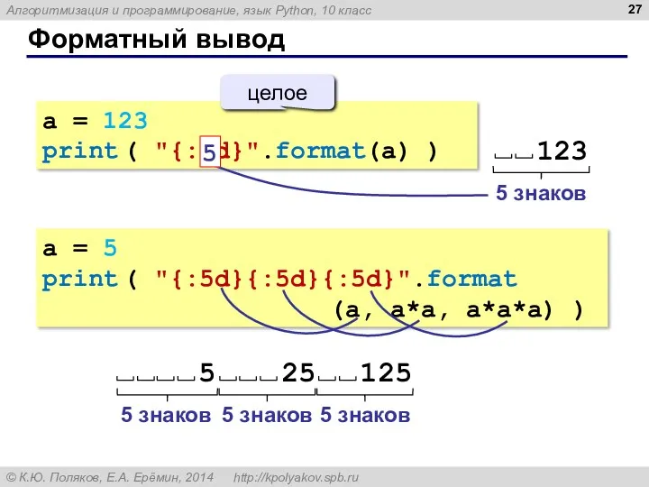 Форматный вывод a = 123 print ( "{:5d}".format(a) ) a