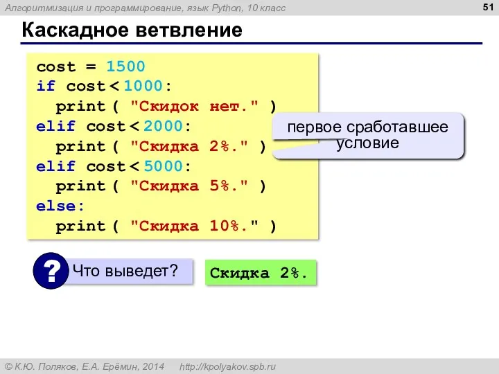 Каскадное ветвление cost = 1500 if cost print ( "Скидок