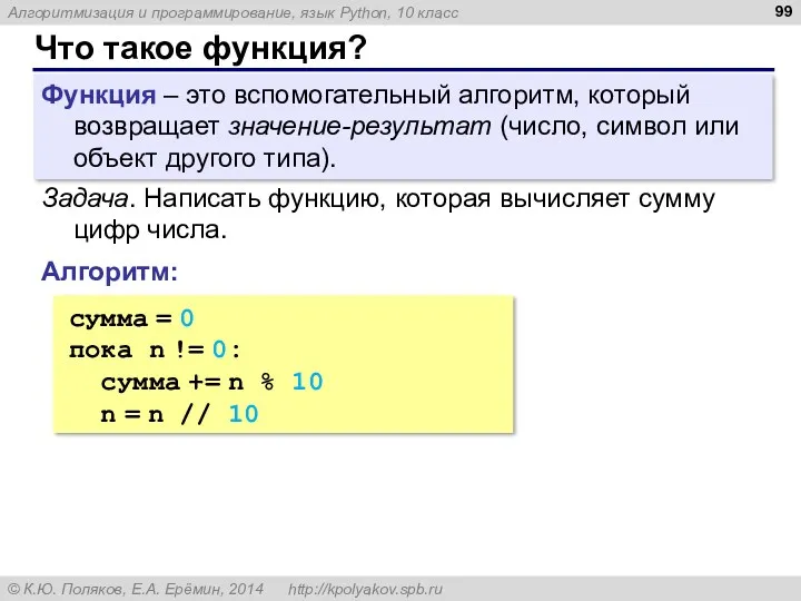 Что такое функция? Функция – это вспомогательный алгоритм, который возвращает