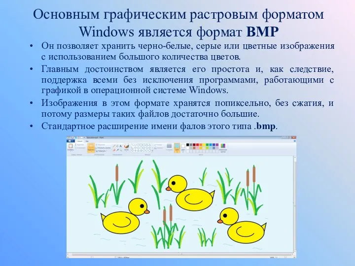 Основным графическим растровым форматом Windows является формат BMP Он позволяет хранить черно-белые, серые