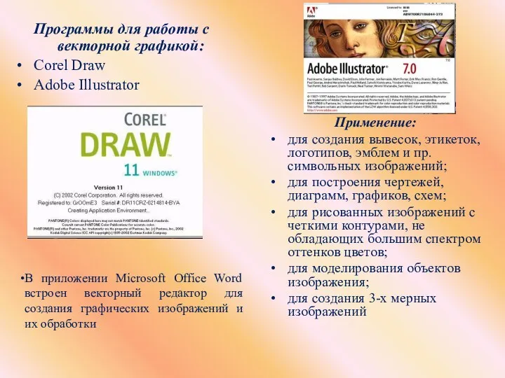 Программы для работы с векторной графикой: Corel Draw Adobe Illustrator Применение: для создания