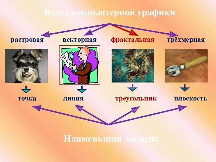 растровая векторная фрактальная точка линия треугольник трёхмерная плоскость Виды компьютерной графики Наименьший элемент