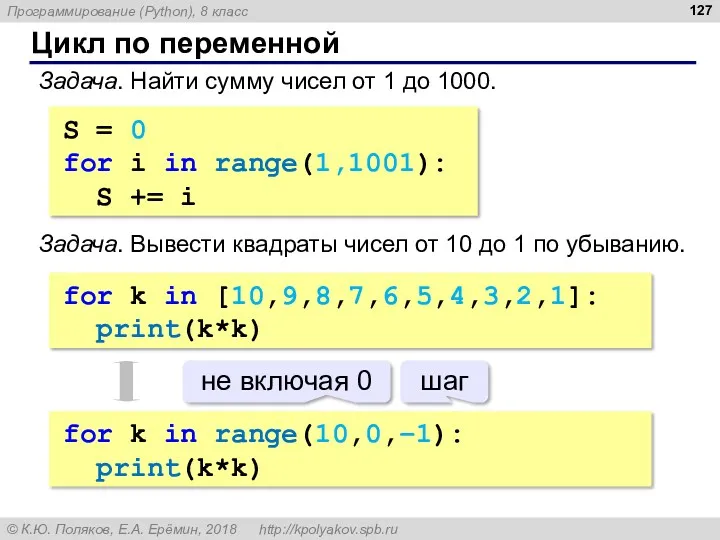 Цикл по переменной Задача. Найти сумму чисел от 1 до