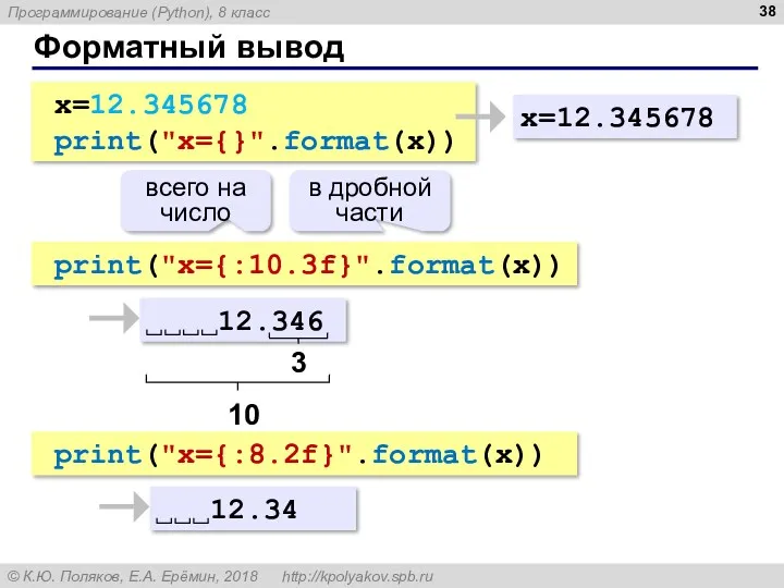 print("x={:10.3f}".format(x)) Форматный вывод x=12.345678 print("x={}".format(x)) x=12.345678 12.346 3 10 всего