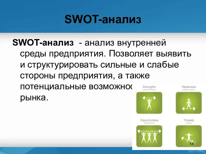 SWOT-анализ SWOT-анализ - анализ внутренней среды предприятия. Позволяет выявить и структурировать сильные и