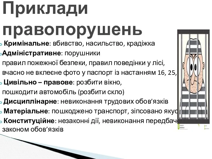 Кримінальне: вбивство, насильство, крадіжка Адміністративне: порушники правил пожежної безпеки, правил