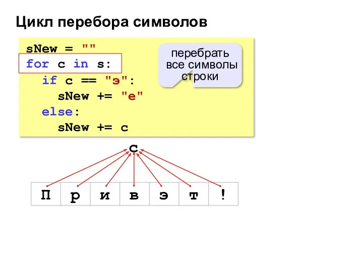 Цикл перебора символов sNew = "" for c in s: if c ==