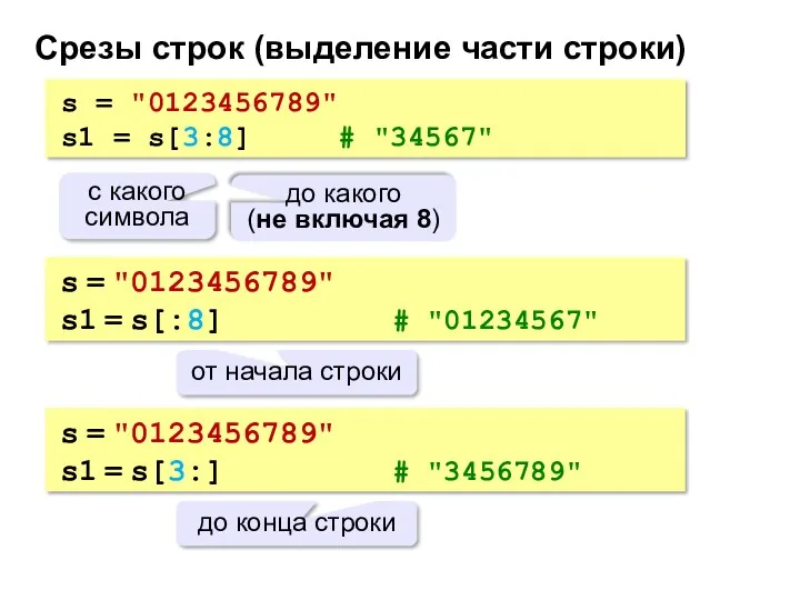 Срезы строк (выделение части строки) s = "0123456789" s1 = s[3:8] # "34567"