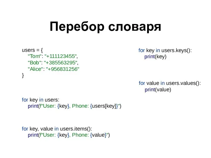 users = { "Tom": "+111123455", "Bob": "+385563295", "Alice": "+956831256" } Перебор словаря for