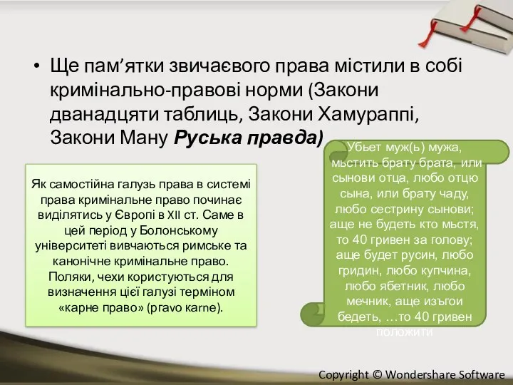 Ще пам’ятки звичаєвого права містили в собі кримінально-правові норми (Закони