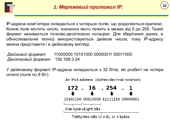 IP-адреса комп'ютера складається з чотирьох полів, що розділяються крапкою. Кожне поле містить число,