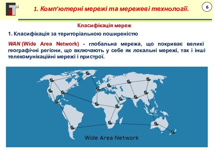 Класифікація мереж 1. Класифікація за територіальною поширеністю WAN (Wide Area Network) - глобальна