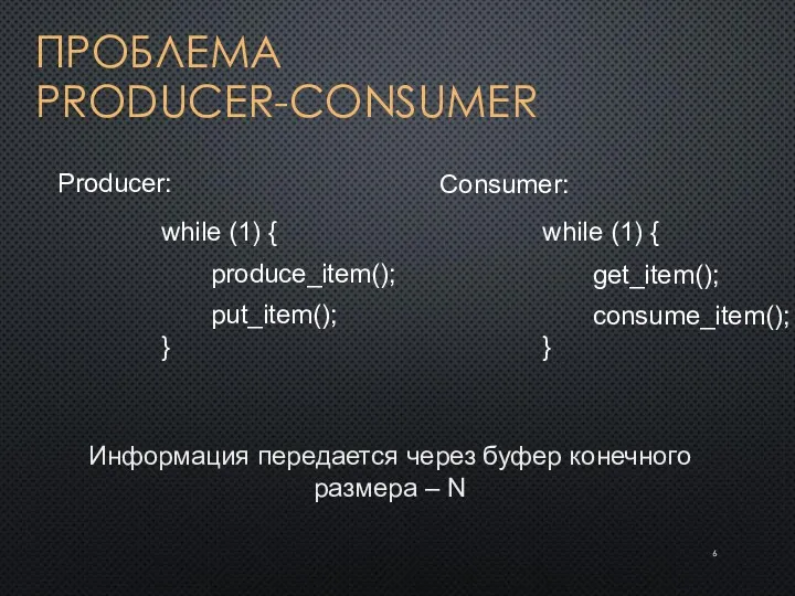 ПРОБЛЕМА PRODUCER-CONSUMER Producer: while (1) { } produce_item(); put_item(); Consumer: