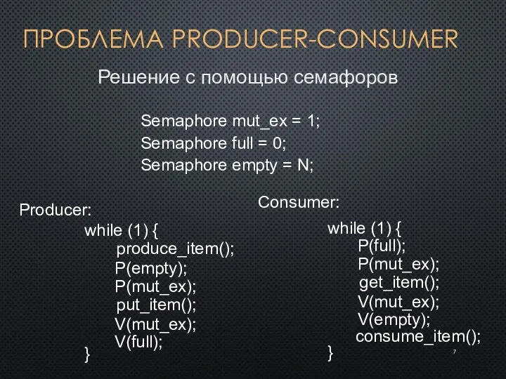 ПРОБЛЕМА PRODUCER-CONSUMER Producer: while (1) { } produce_item(); put_item(); Consumer: