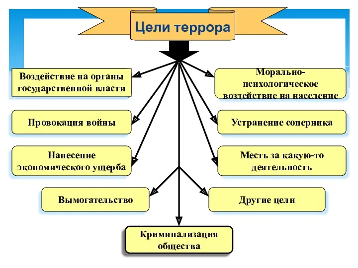 Цели террора Морально-психологическое воздействие на население Провокация войны Устранение соперника