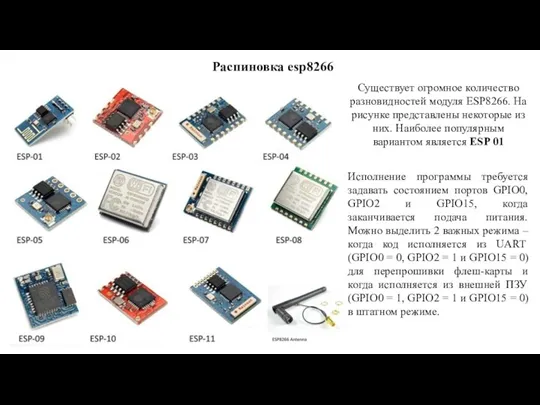 Распиновка esp8266 Существует огромное количество разновидностей модуля ESP8266. На рисунке