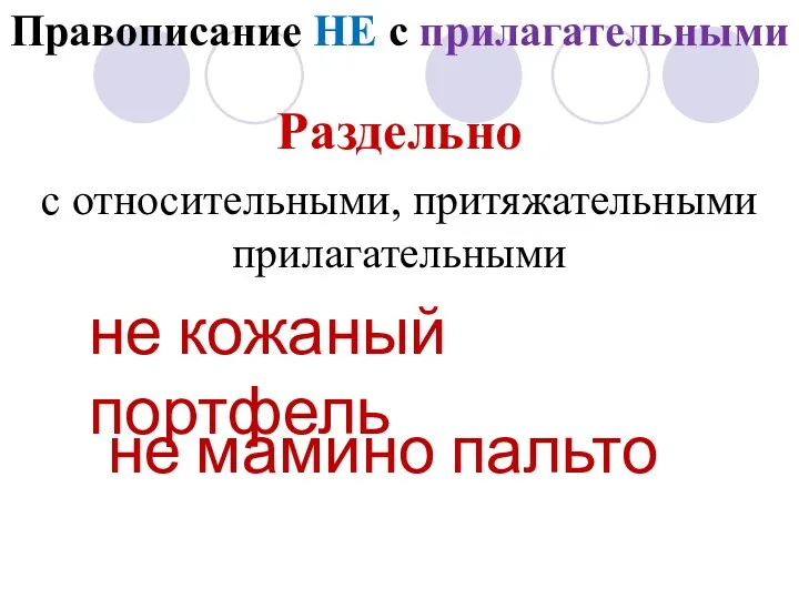 Правописание НЕ с прилагательными Раздельно с относительными, притяжательными прилагательными не кожаный портфель не мамино пальто