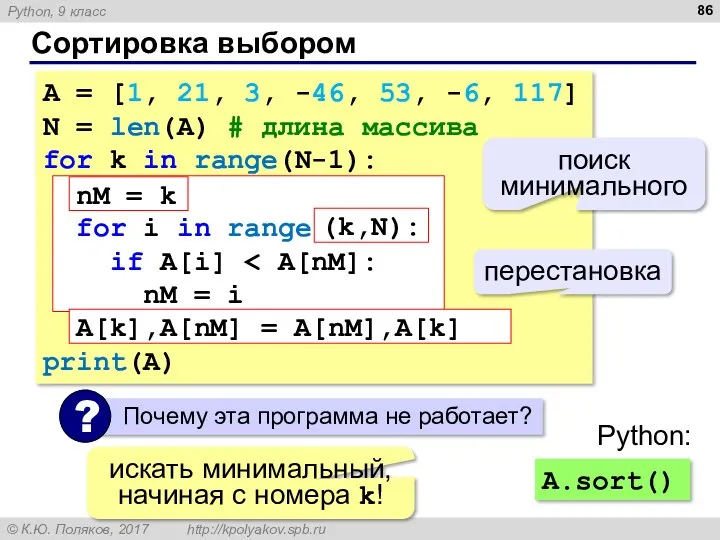 Сортировка выбором A = [1, 21, 3, -46, 53, -6,