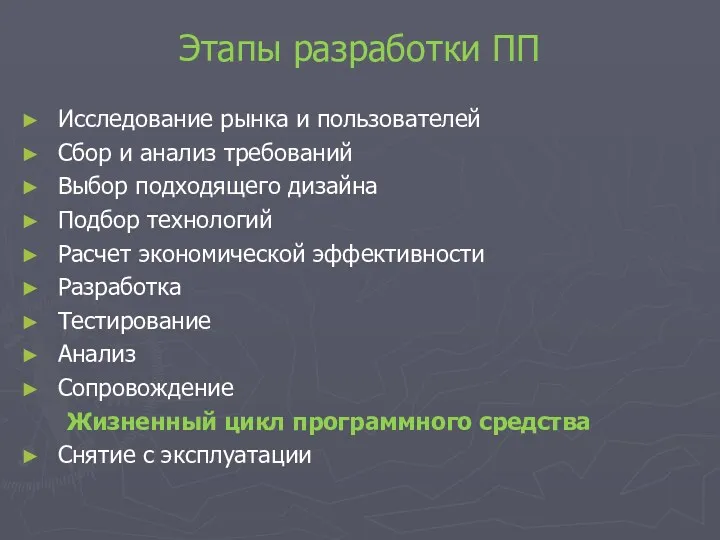 Этапы разработки ПП Исследование рынка и пользователей Сбор и анализ