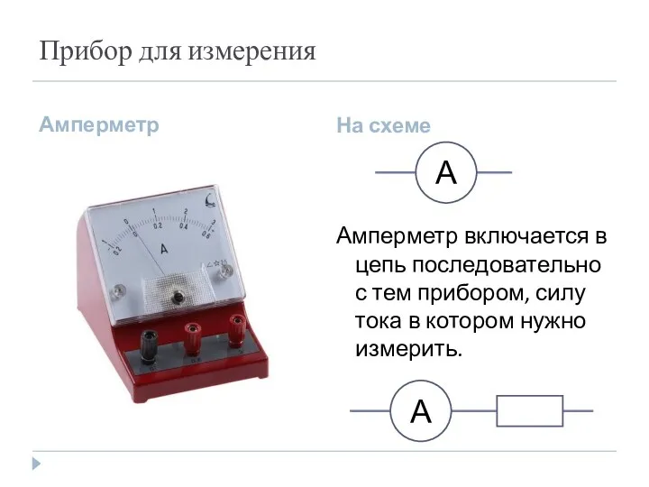 Прибор для измерения Амперметр На схеме Амперметр включается в цепь