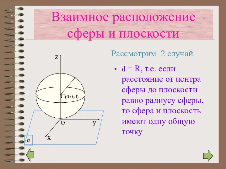d = R, т.е. если расстояние от центра сферы до плоскости равно радиусу