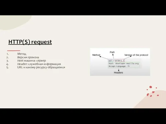 HTTP(S) request Метод Версия прокола Host машина: сервер Header: служебная информация URL к какому ресурсу обращаемся