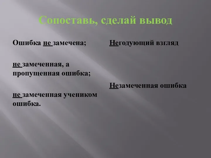 Сопоставь, сделай вывод Ошибка не замечена; не замеченная, а пропущенная