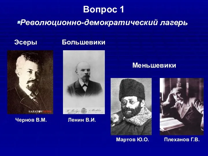 Вопрос 1 Революционно-демократический лагерь Эсеры Большевики Меньшевики Плеханов Г.В. Мартов Ю.О. Ленин В.И. Чернов В.М.