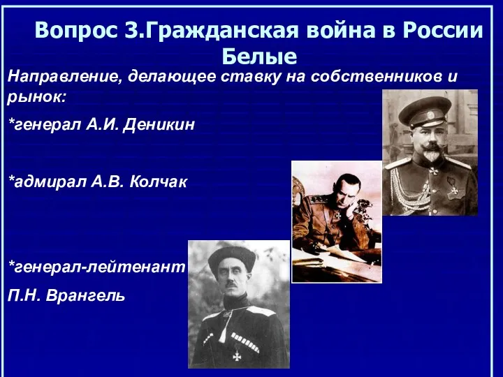 Вопрос 3.Гражданская война в России Белые Направление, делающее ставку на