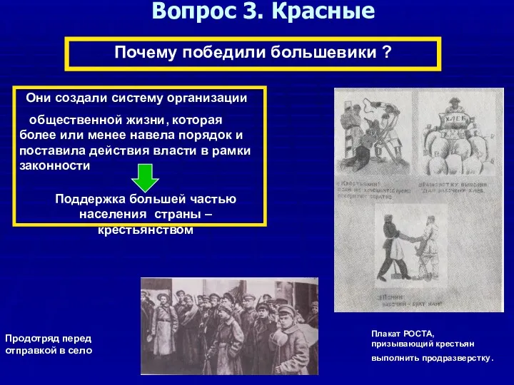 Вопрос 3. Красные Почему победили большевики ? Они создали систему