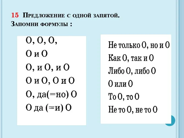 15 Предложение с одной запятой. Запомни формулы :