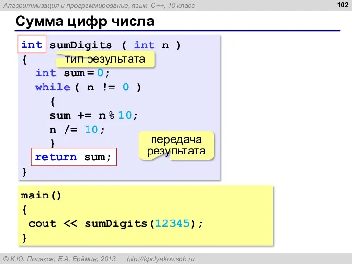 Сумма цифр числа main() { cout } int sumDigits (