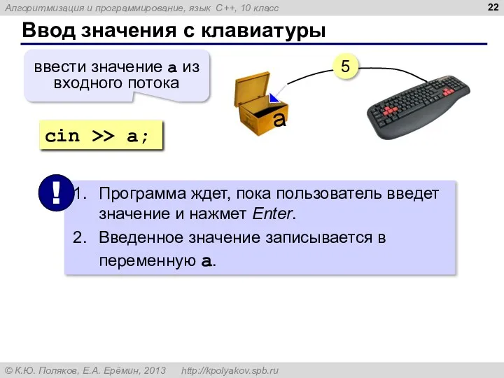 Ввод значения с клавиатуры 5 a cin >> a; ввести значение a из входного потока