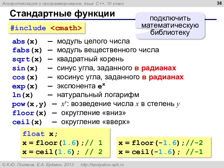 Стандартные функции abs(x) — модуль целого числа fabs(x) — модуль