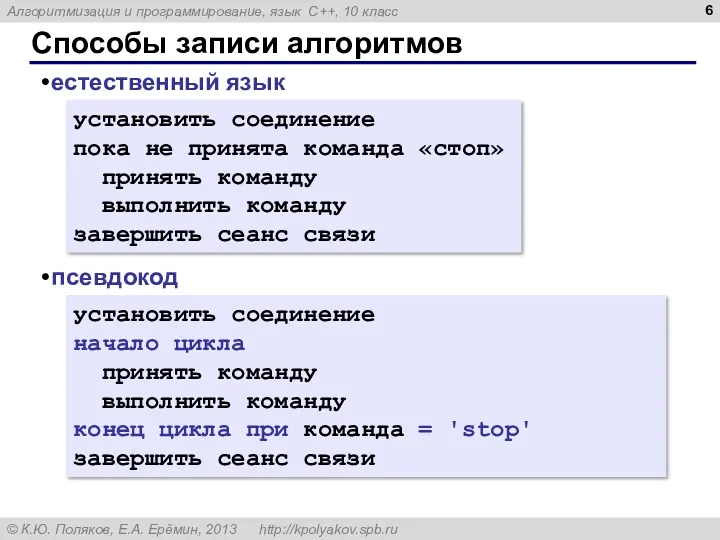 Способы записи алгоритмов естественный язык псевдокод установить соединение пока не