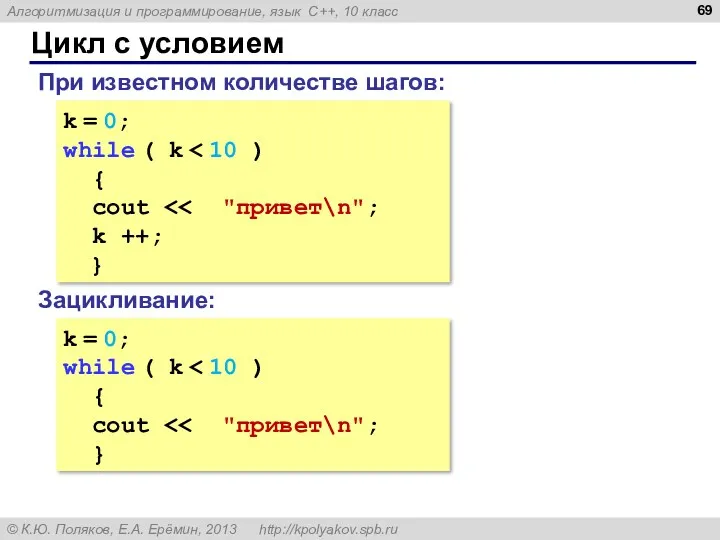 Цикл с условием k = 0; while ( k {