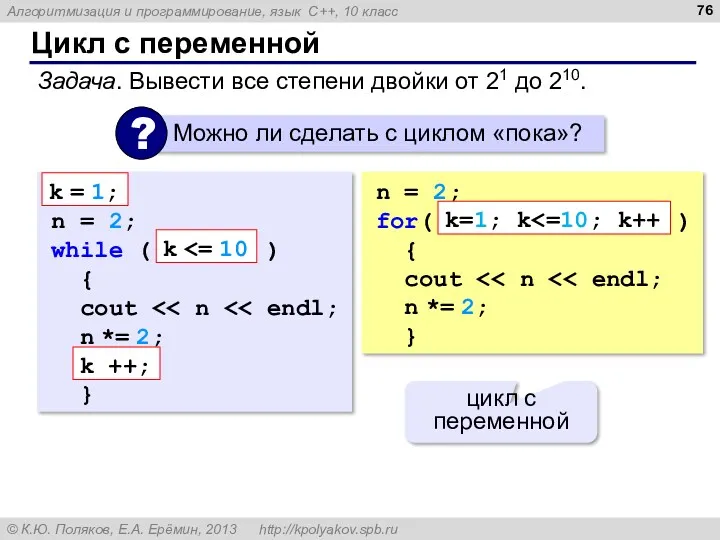 Цикл с переменной Задача. Вывести все степени двойки от 21