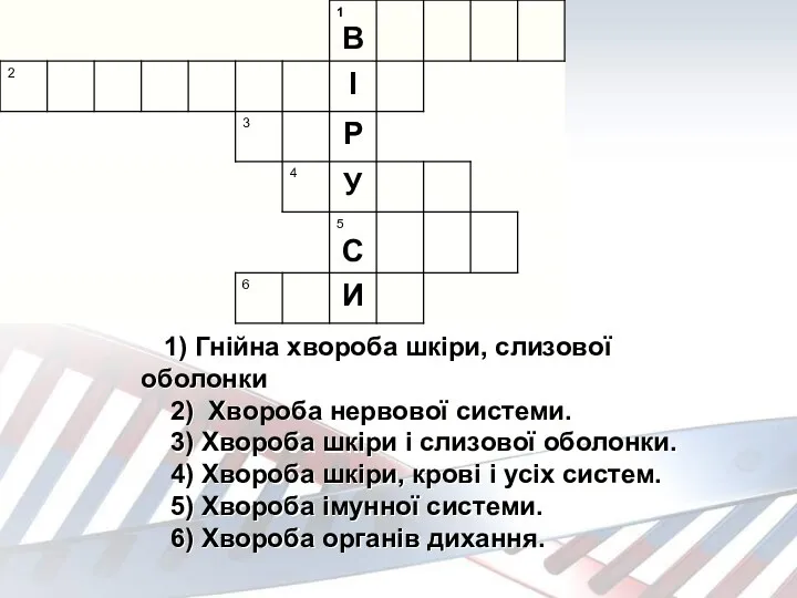 1) Гнійна хвороба шкіри, слизової оболонки 2) Хвороба нервової системи.