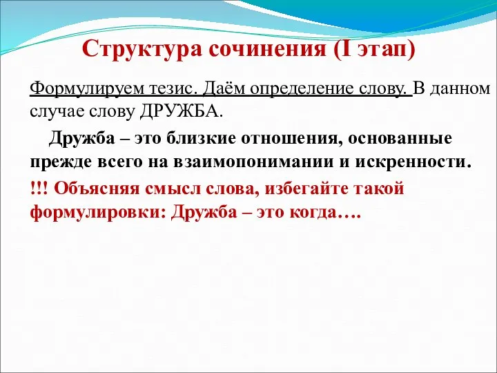 Структура сочинения (I этап) Формулируем тезис. Даём определение слову. В