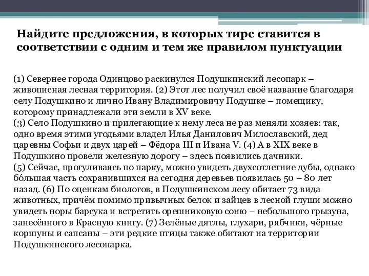 (1) Севернее города Одинцово раскинулся Подушкинский лесопарк – живописная лесная