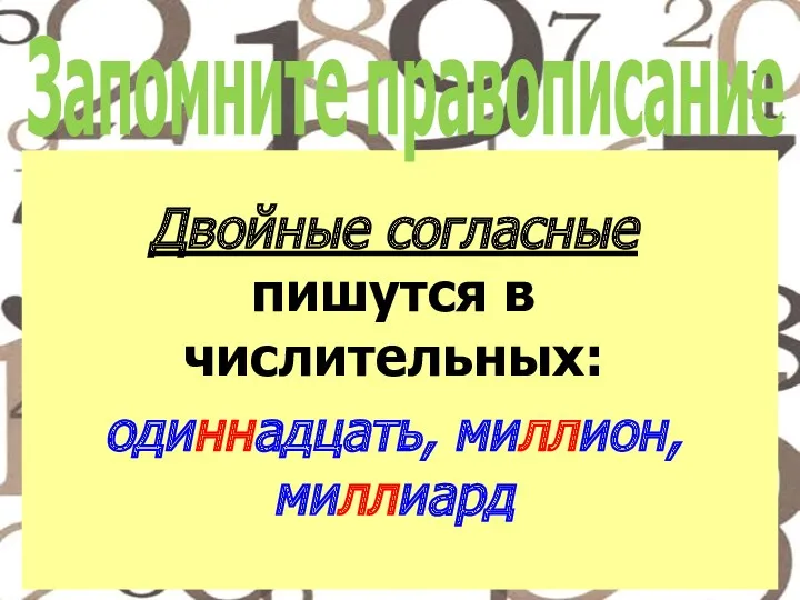 Запомните правописание Двойные согласные пишутся в числительных: одиннадцать, миллион, миллиард