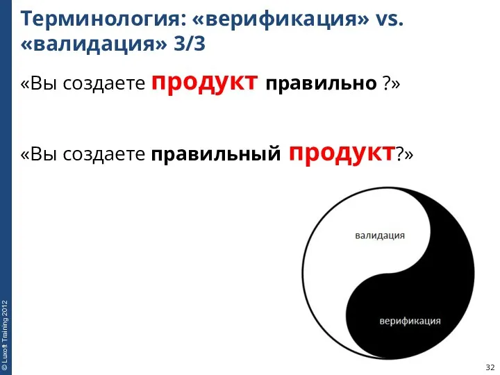 Терминология: «верификация» vs. «валидация» 3/3 «Вы создаете продукт правильно ?» «Вы создаете правильный продукт?»