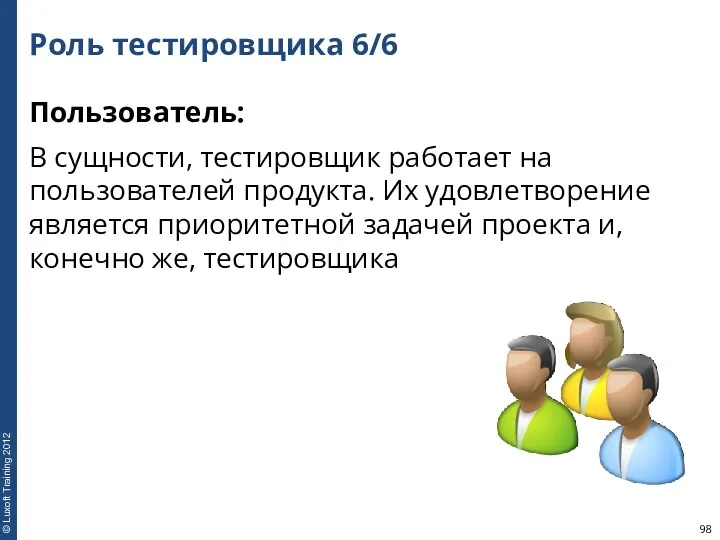 Роль тестировщика 6/6 Пользователь: В сущности, тестировщик работает на пользователей