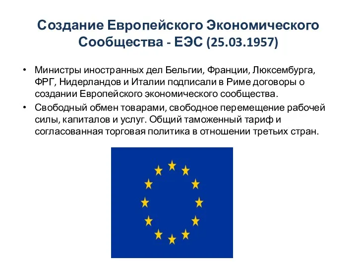 Создание Европейского Экономического Сообщества - ЕЭС (25.03.1957) Министры иностранных дел Бельгии, Франции, Люксембурга,
