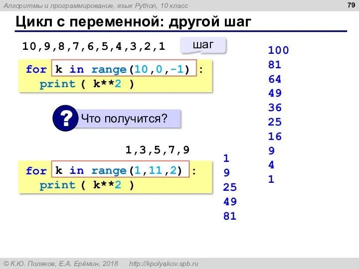 Цикл с переменной: другой шаг 100 81 64 49 36