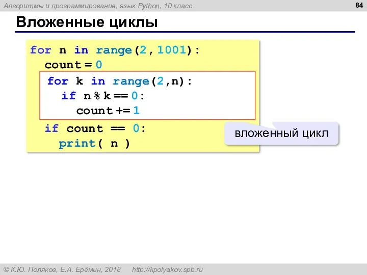 Вложенные циклы for n in range(2, 1001): count = 0